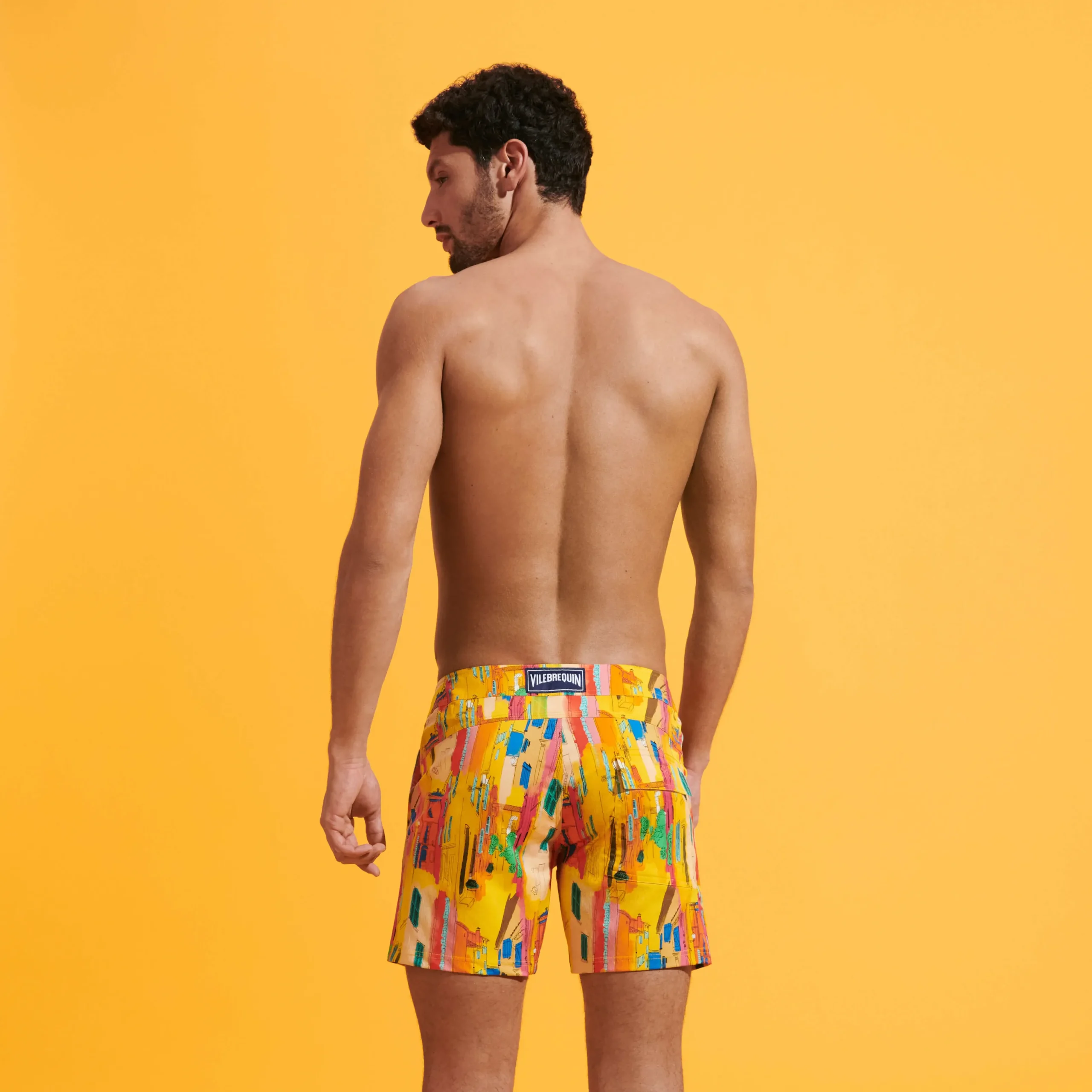 Sale Vilebrequin Men Stretch Short Swim Trunks Flat Belt Sunny Streets Sun/Yellow