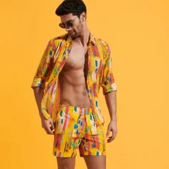 Sale Vilebrequin Men Stretch Short Swim Trunks Flat Belt Sunny Streets Sun/Yellow