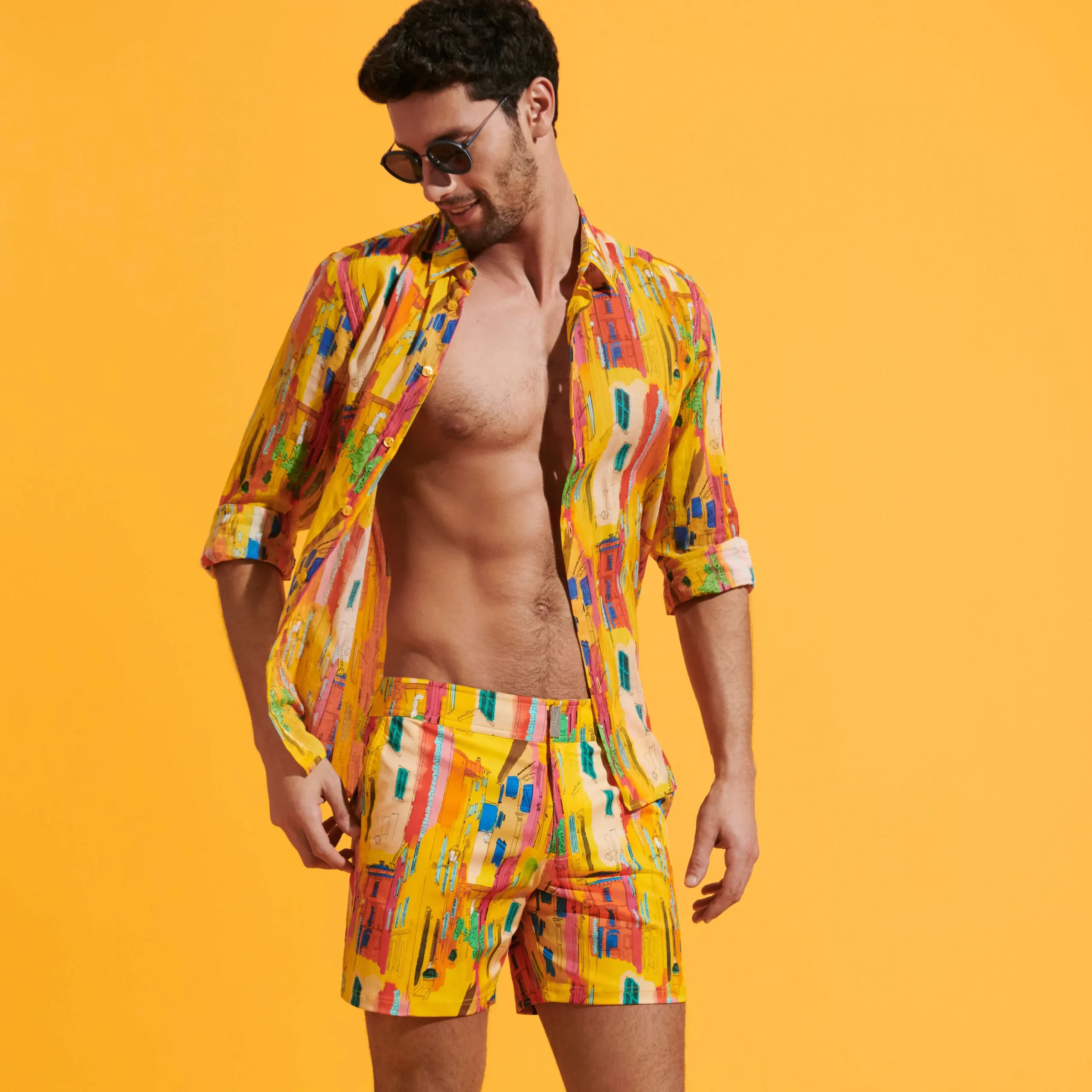 Sale Vilebrequin Men Stretch Short Swim Trunks Flat Belt Sunny Streets Sun/Yellow