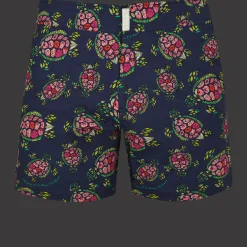 Online Vilebrequin Men Stretch Short Swim Trunks Flat Belt Provencal Turtles Navy/Blue