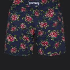 Online Vilebrequin Men Stretch Short Swim Trunks Flat Belt Provencal Turtles Navy/Blue