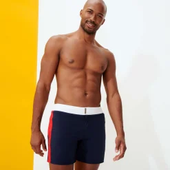 Cheap Vilebrequin Men Stretch Swim Trunks Flat Belt Color Block Navy/Blue