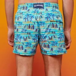 Best Vilebrequin Men Stretch Swim Trunks Palms & Surfs - X The Beach Boys Lazulii Blue/Blue