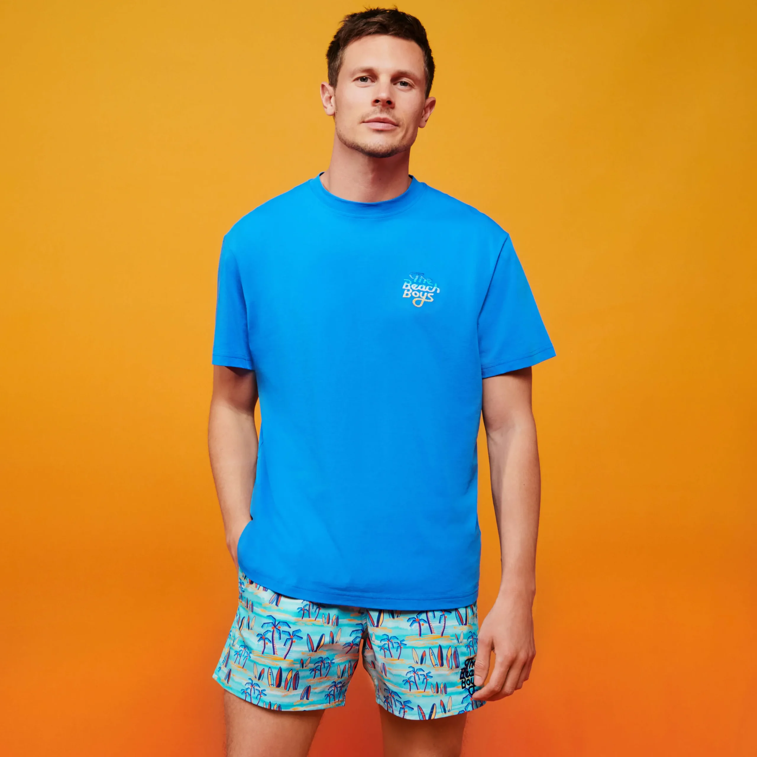 Best Vilebrequin Men Stretch Swim Trunks Palms & Surfs - X The Beach Boys Lazulii Blue/Blue