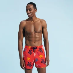 Fashion Vilebrequin Men Stretch Swim Trunks Ronde Des Tortues Multicolores Poppy Red/Red