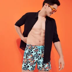 Online Vilebrequin Men Stretch Swim Trunks Screen Turtles Lagoon/Blue