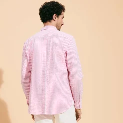 Online Vilebrequin Men Striped Seersucker Shirt Candy Pink/Pink