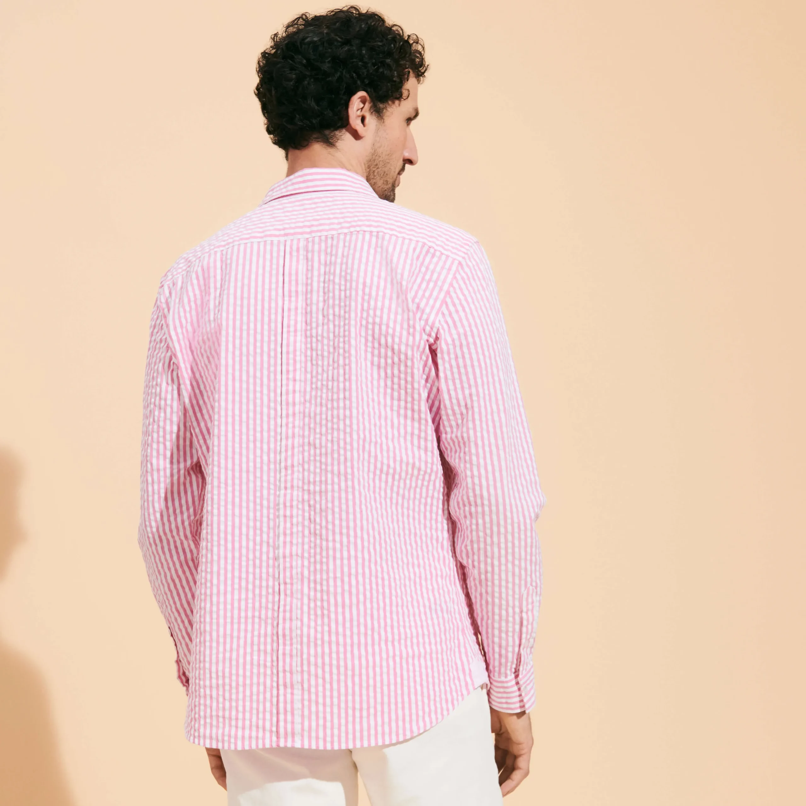 Online Vilebrequin Men Striped Seersucker Shirt Candy Pink/Pink