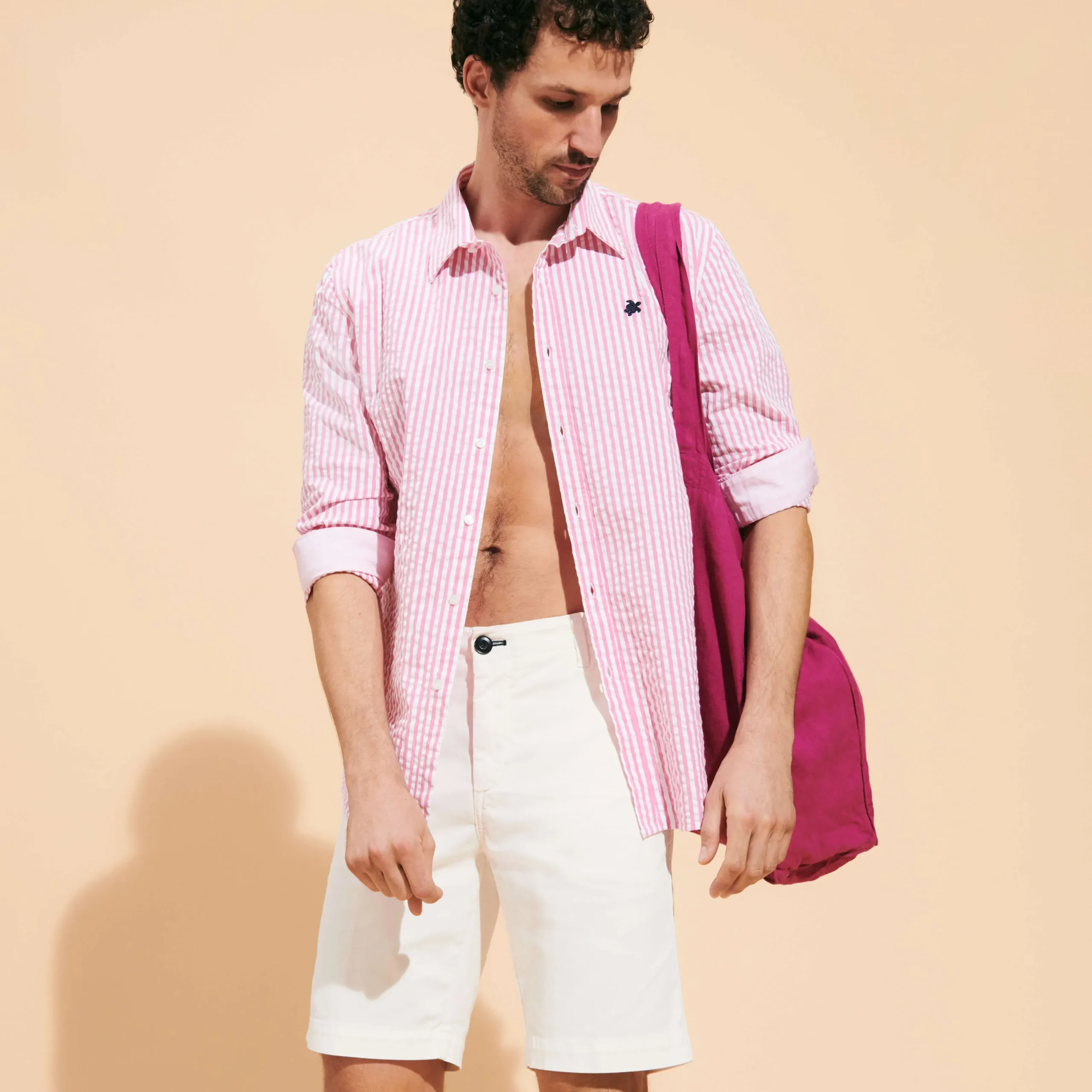Online Vilebrequin Men Striped Seersucker Shirt Candy Pink/Pink