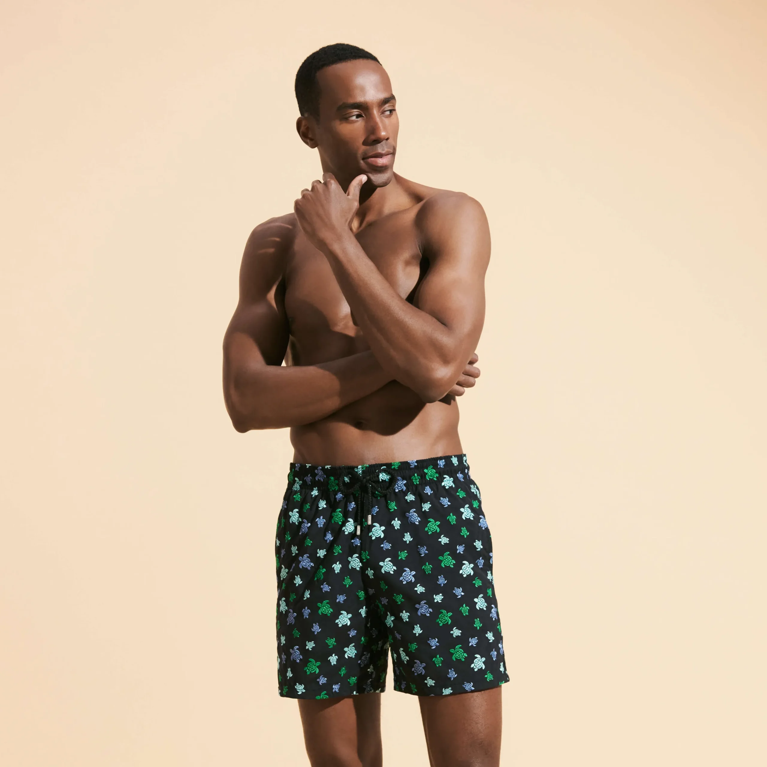 Best Vilebrequin Men Swim Trunks Embroidered Micro Ronde Des Tortues Rainbow - Limited Edition Black/Black