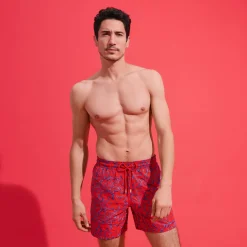 Discount Vilebrequin Men Swim Trunks Embroidered Raiatea - Limited Edition Poppy Red/Red