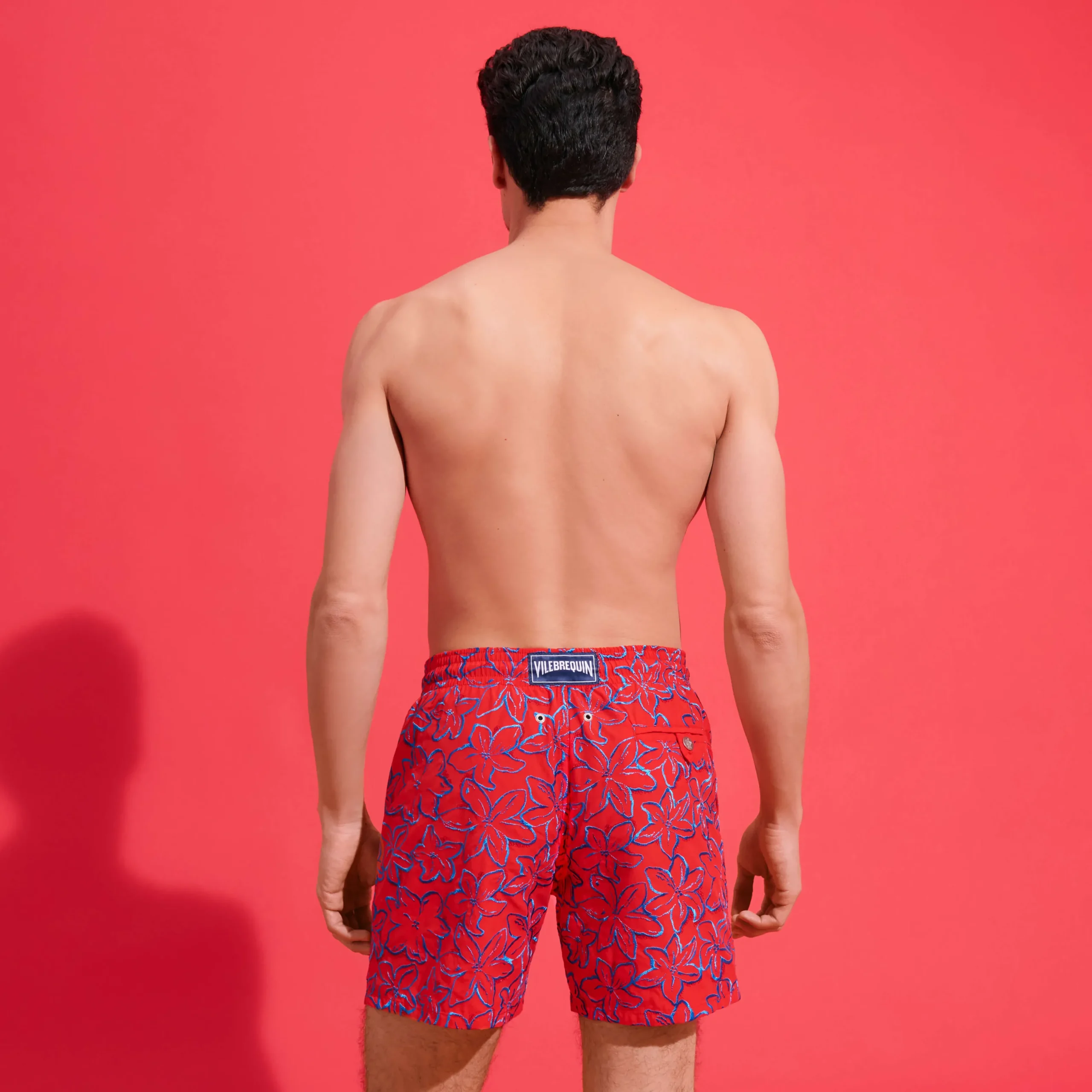 Discount Vilebrequin Men Swim Trunks Embroidered Raiatea - Limited Edition Poppy Red/Red