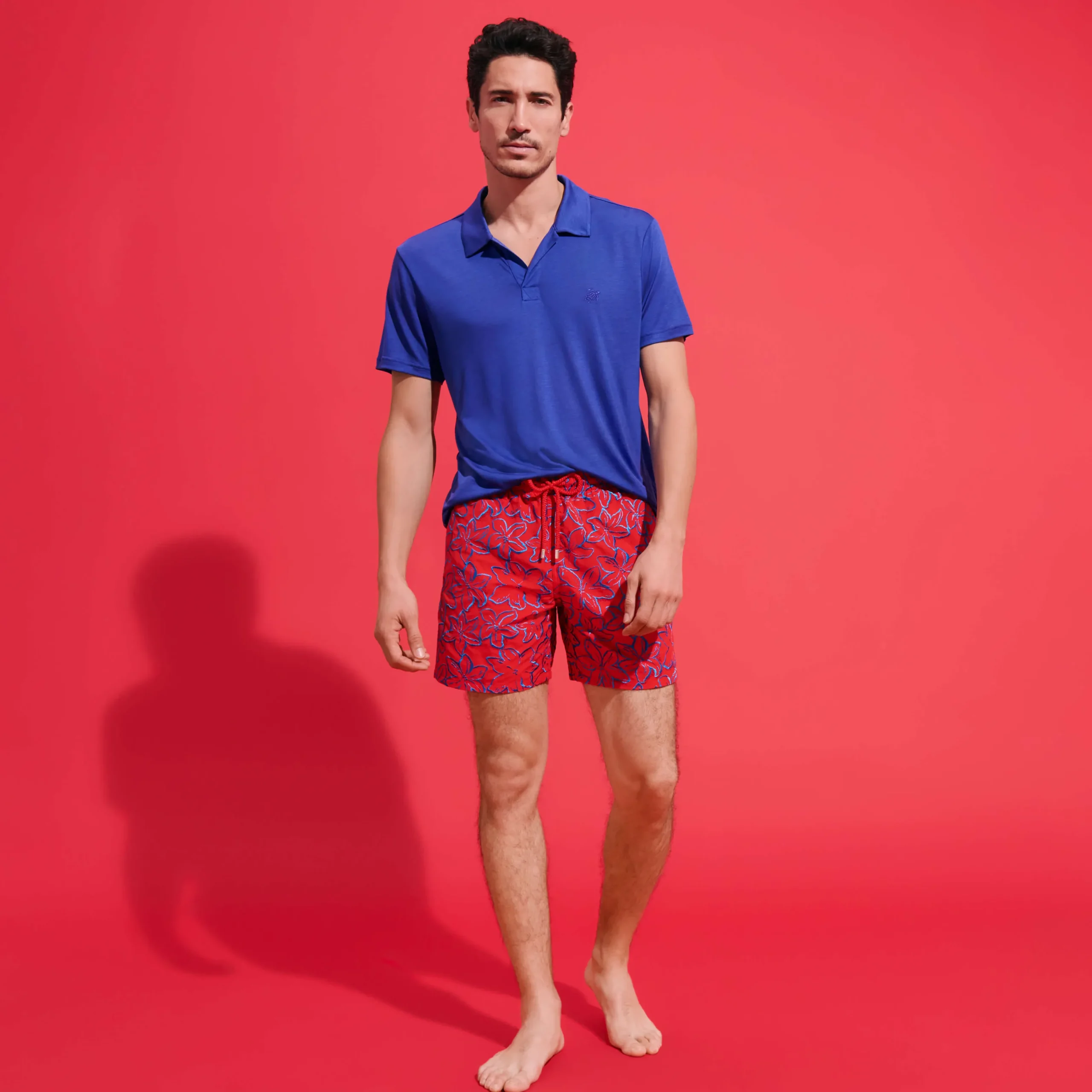 Discount Vilebrequin Men Swim Trunks Embroidered Raiatea - Limited Edition Poppy Red/Red