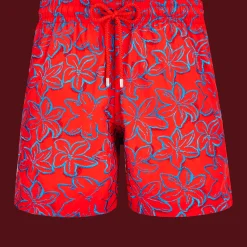 Discount Vilebrequin Men Swim Trunks Embroidered Raiatea - Limited Edition Poppy Red/Red