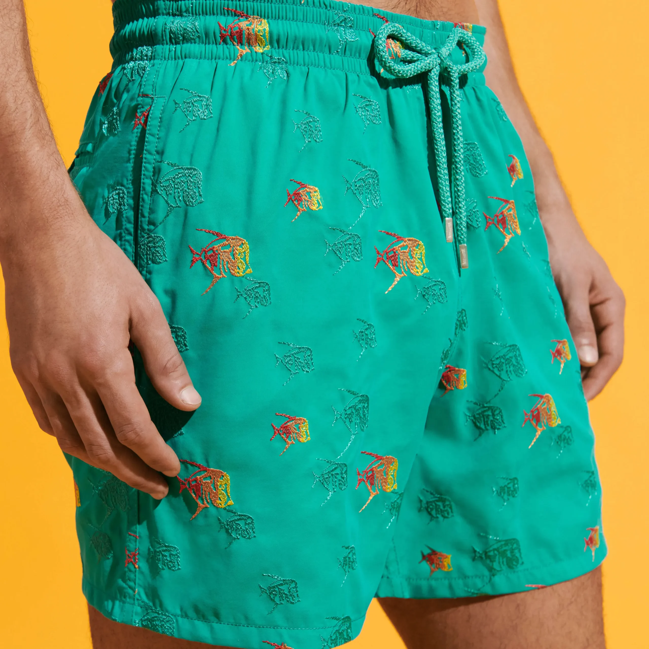 Discount Vilebrequin Men Swim Trunks Embroidered Piranhas - Limited Edition Tropezian Green/Green