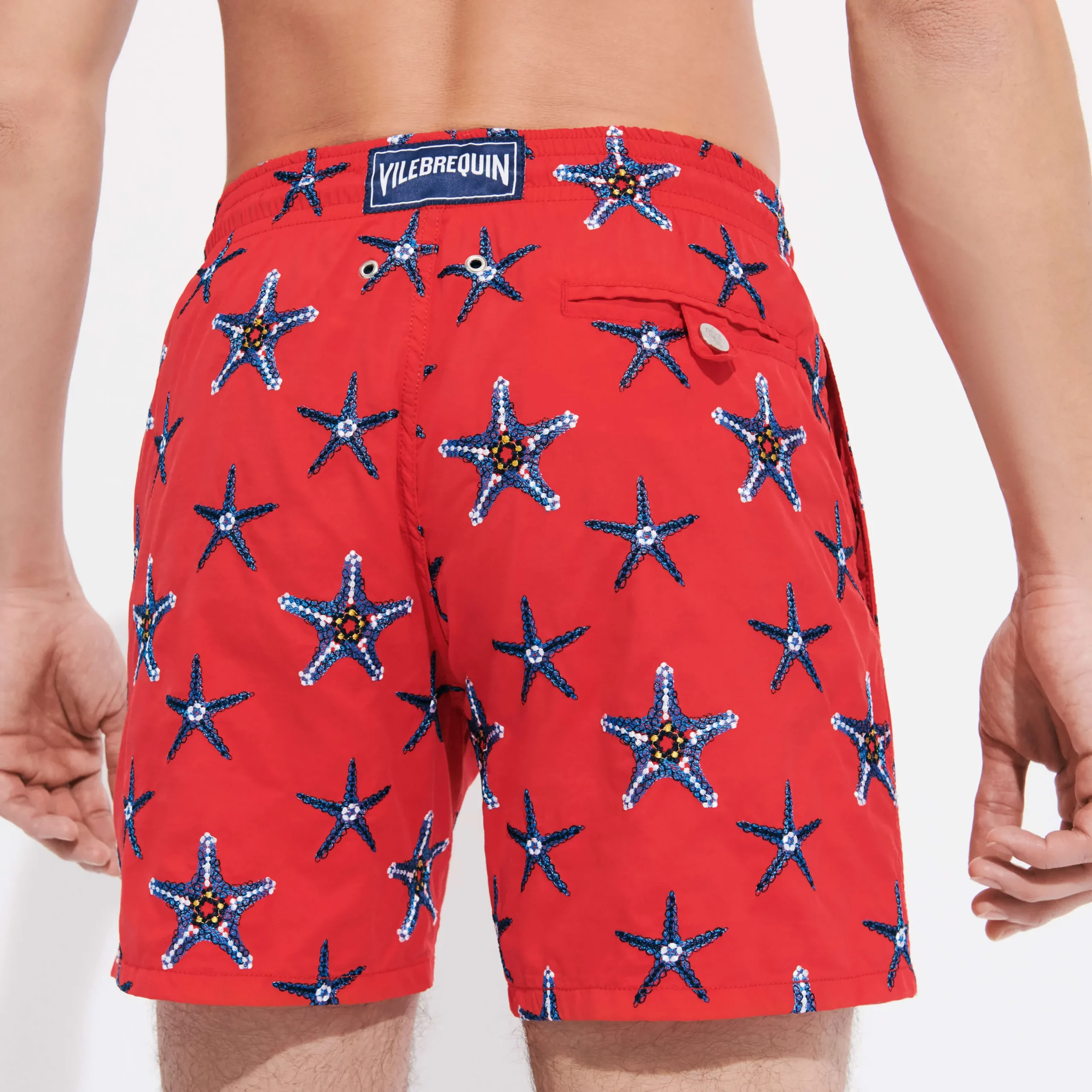 Fashion Vilebrequin Men Swim Trunks Embroidered Starfish Dance - Limited Edition Poppy Red/Red