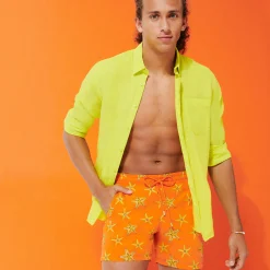 Discount Vilebrequin Men Swim Trunks Embroidered Starfish Dance - Limited Edition Tango/Orange