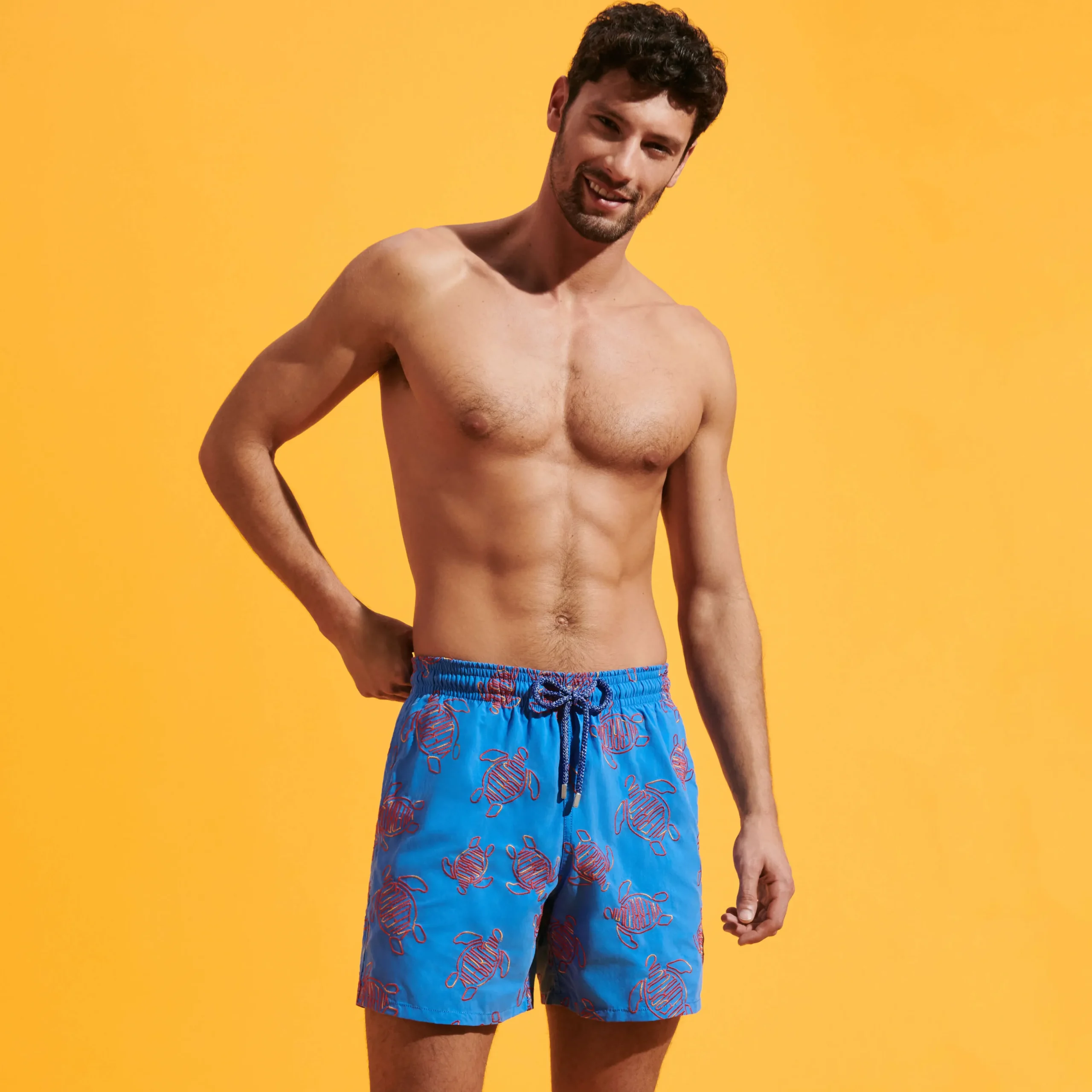 Outlet Vilebrequin Men Swim Trunks Embroidered Vbq Turtles - Limited Edition Earthenware/Blue