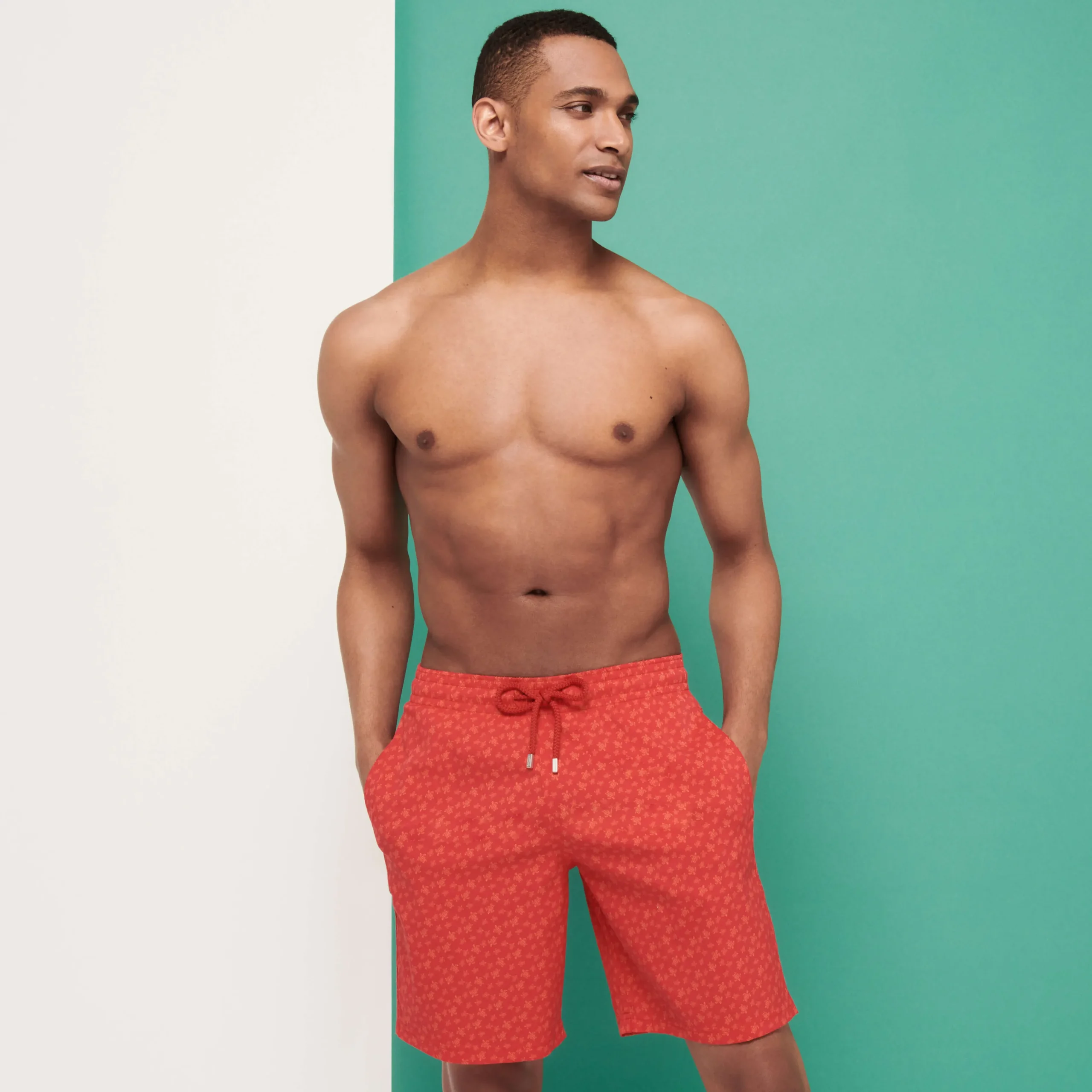 Shop Vilebrequin Men Swim Trunks Long Micro Ronde Des Tortues Peppers/Red