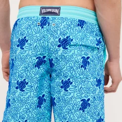 Outlet Vilebrequin Men Swim Trunks Long Turtles Splash Flocked Lazulii Blue/Blue