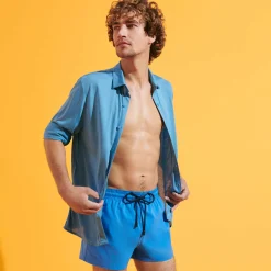 New Vilebrequin Men Swim Trunks Short And Fitted Stretch Solid Earthenware/Blue