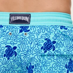 Cheap Vilebrequin Men Swim Trunks Turtles Splash Flocked Lazulii Blue/Blue