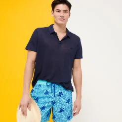 Cheap Vilebrequin Men Swim Trunks Turtles Splash Flocked Lazulii Blue/Blue