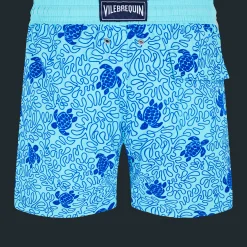 Cheap Vilebrequin Men Swim Trunks Turtles Splash Flocked Lazulii Blue/Blue