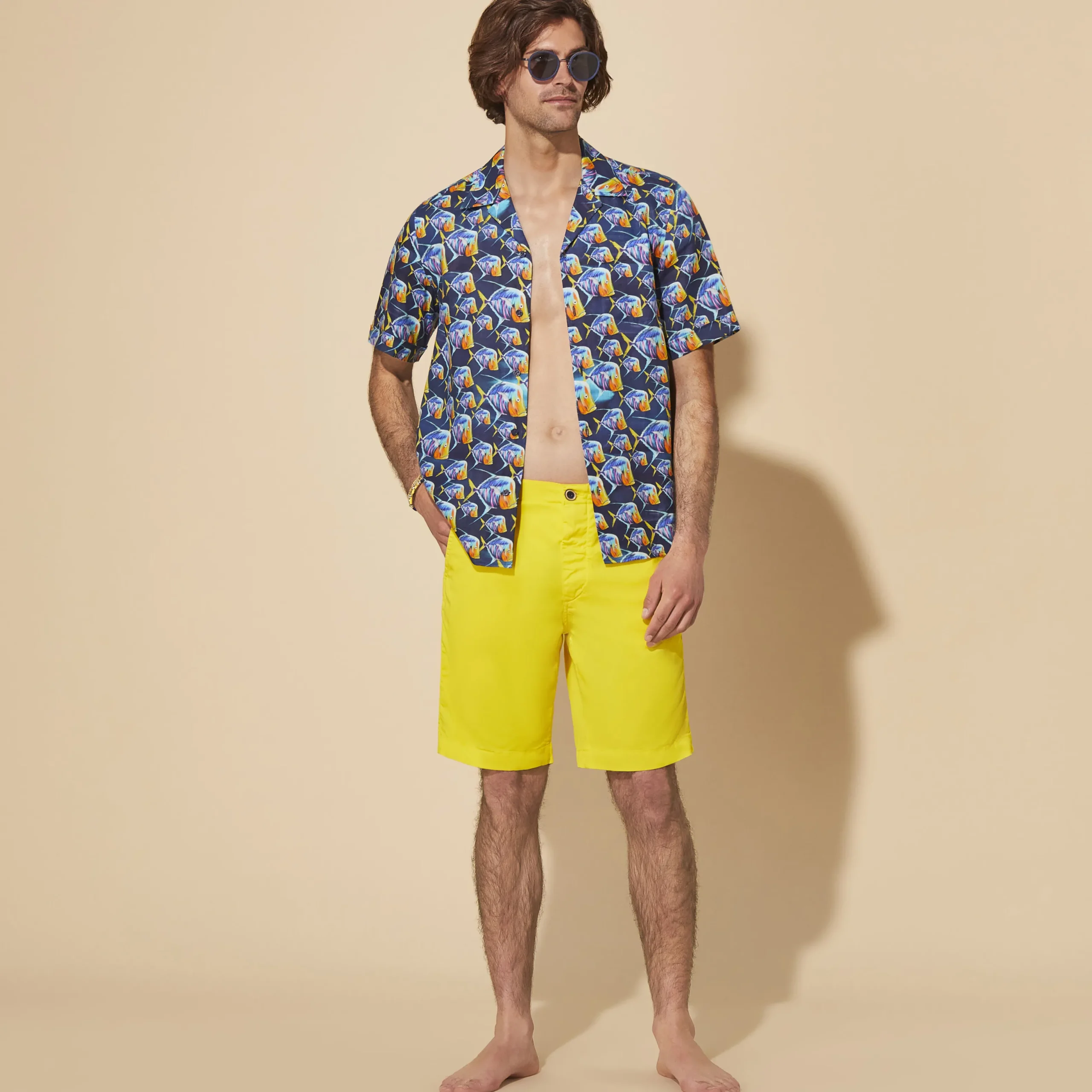 Sale Vilebrequin Men Tencel Bermuda Shorts Solid Sun/Yellow