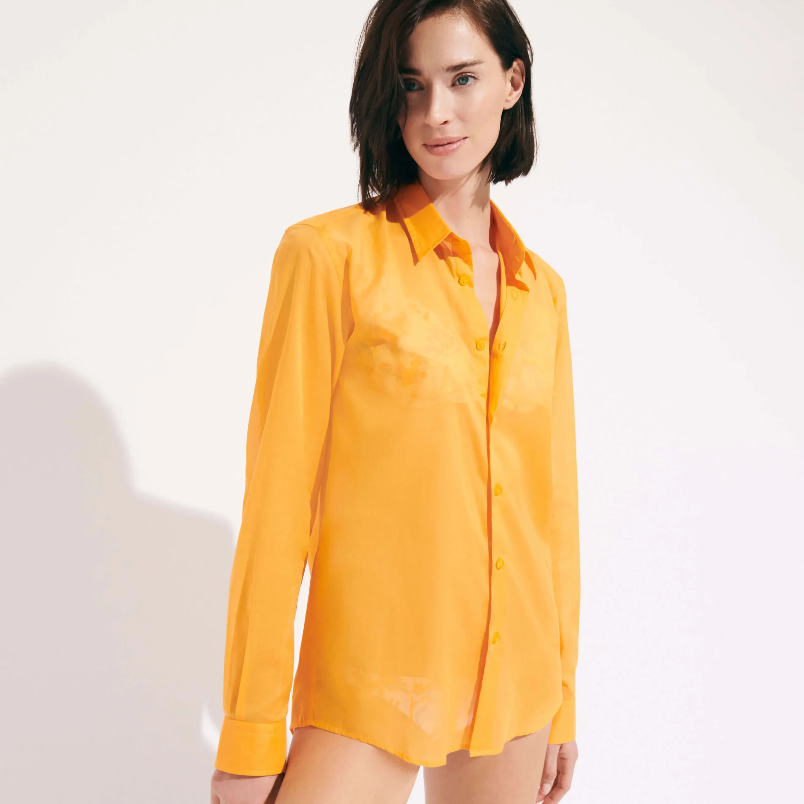 Shop Vilebrequin Unisex Cotton Voile Lightweight Shirt Solid Carrot/Orange