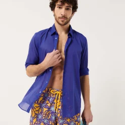 Sale Vilebrequin Unisex Cotton Voile Lightweight Shirt Solid Purple Blue/Blue