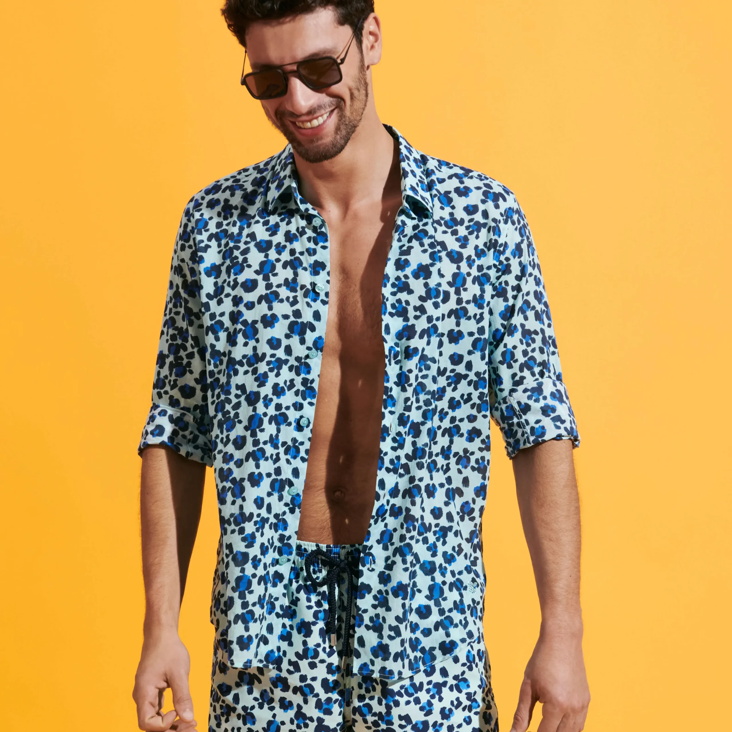 Discount Vilebrequin Unisex Cotton Voile Lightweight Shirt Turtles Leopard Thalassa/Blue