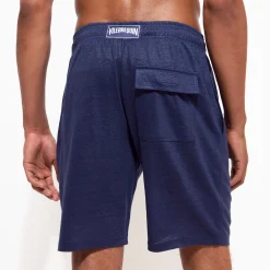Sale Vilebrequin Unisex Linen Bermuda Shorts Solid Navy/Blue