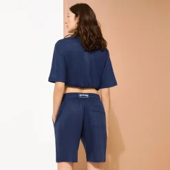 Sale Vilebrequin Unisex Linen Bermuda Shorts Solid Navy/Blue