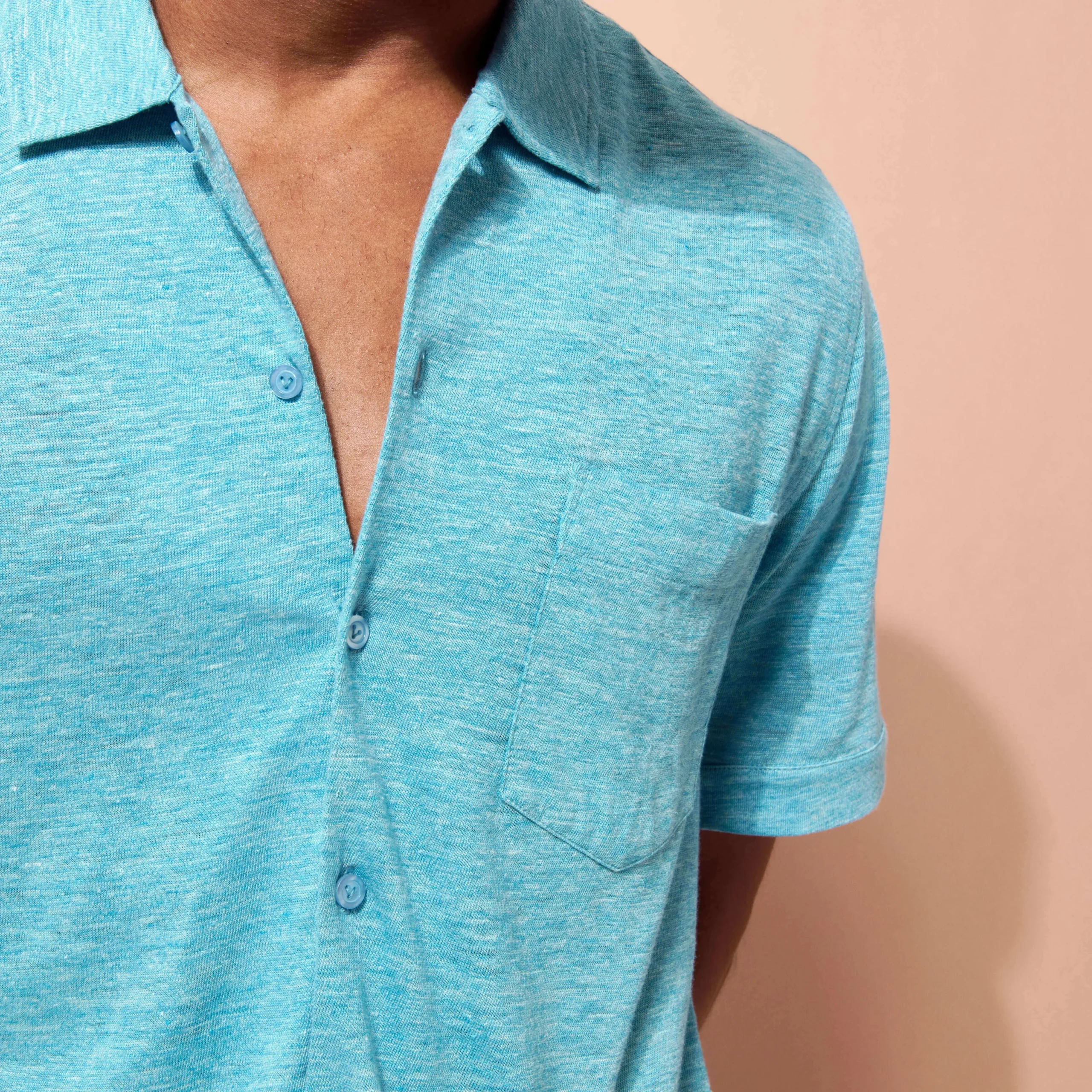 Flash Sale Vilebrequin Unisex Linen Bowling Shirt Solid Heather Azure/Blue