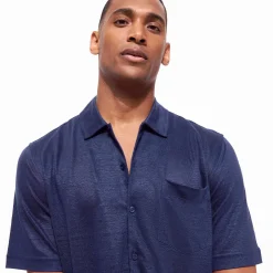 New Vilebrequin Unisex Linen Bowling Shirt Solid Navy/Blue