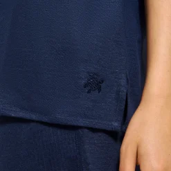 New Vilebrequin Unisex Linen Bowling Shirt Solid Navy/Blue