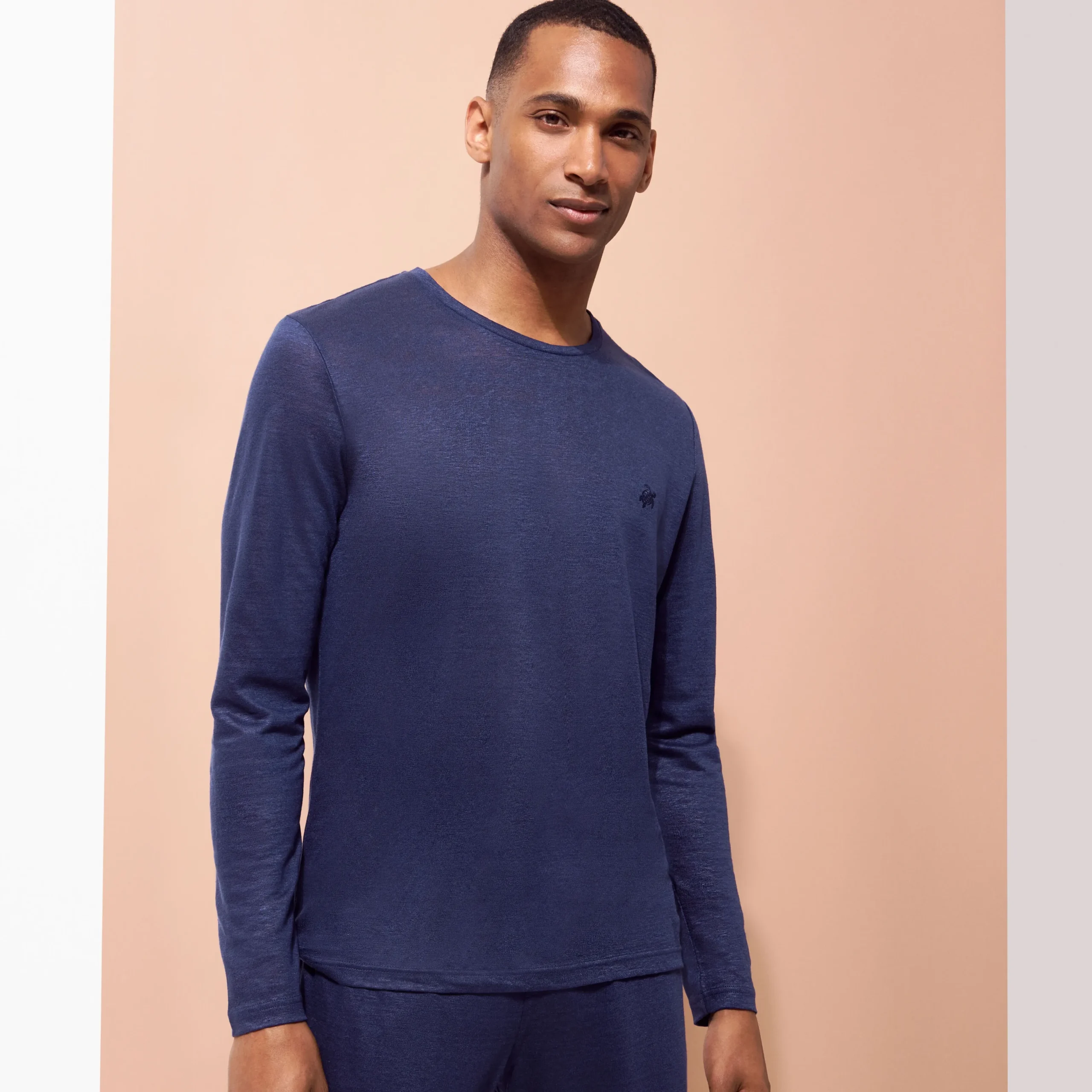 Sale Vilebrequin Unisex Linen Long Sleeves T-Shirt Solid Navy/Blue