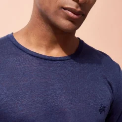 Sale Vilebrequin Unisex Linen Long Sleeves T-Shirt Solid Navy/Blue