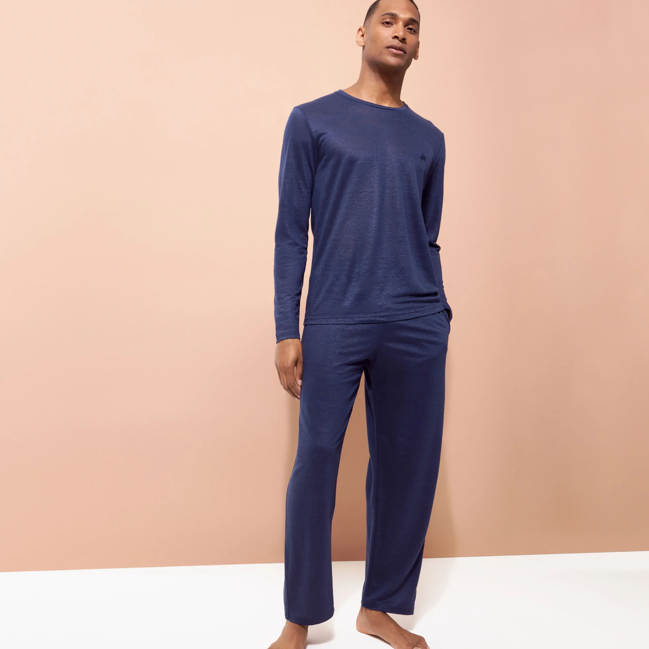 Sale Vilebrequin Unisex Linen Long Sleeves T-Shirt Solid Navy/Blue