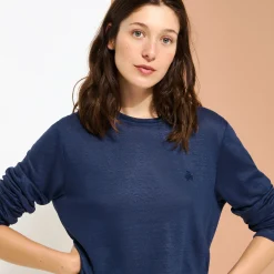 Sale Vilebrequin Unisex Linen Long Sleeves T-Shirt Solid Navy/Blue