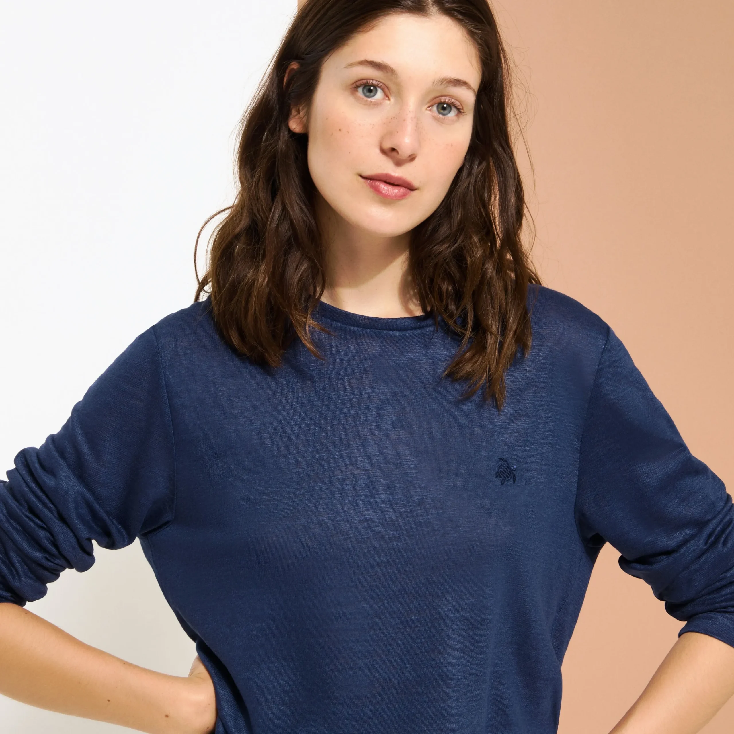 Sale Vilebrequin Unisex Linen Long Sleeves T-Shirt Solid Navy/Blue