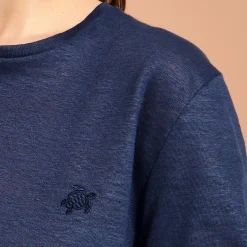 Sale Vilebrequin Unisex Linen Long Sleeves T-Shirt Solid Navy/Blue
