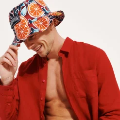 Shop Vilebrequin Unisex Linen Printed Hat Presse Citron Burgundy/Red