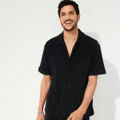 Outlet Vilebrequin Unisex Terry Bowling Shirt Solid Black/Black