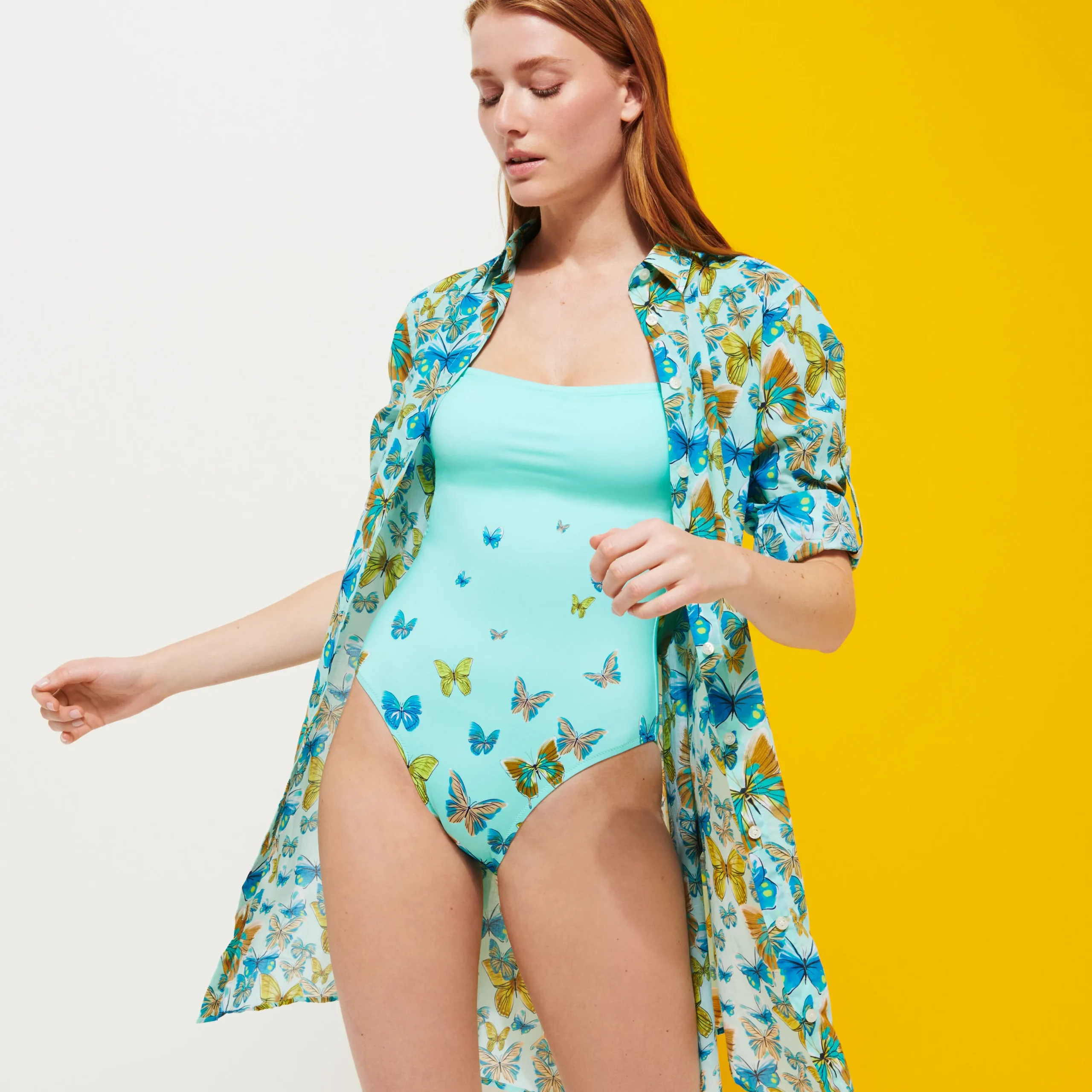 Sale Vilebrequin Women Bustier One-Piece Swimsuit Butterflies Lagoon/Blue
