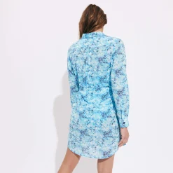 Clearance Vilebrequin Women Cotton Voile Shirt Dress Flowers Tie & Dye Navy/Blue