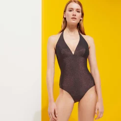 Store Vilebrequin Women Halter One-Piece Swimsuit Changeant Shiny Burgundy/Red