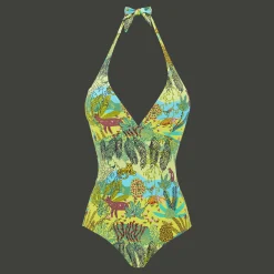 Clearance Vilebrequin Women Halter One-Piece Swimsuit Jungle Rousseau Ginger/Green