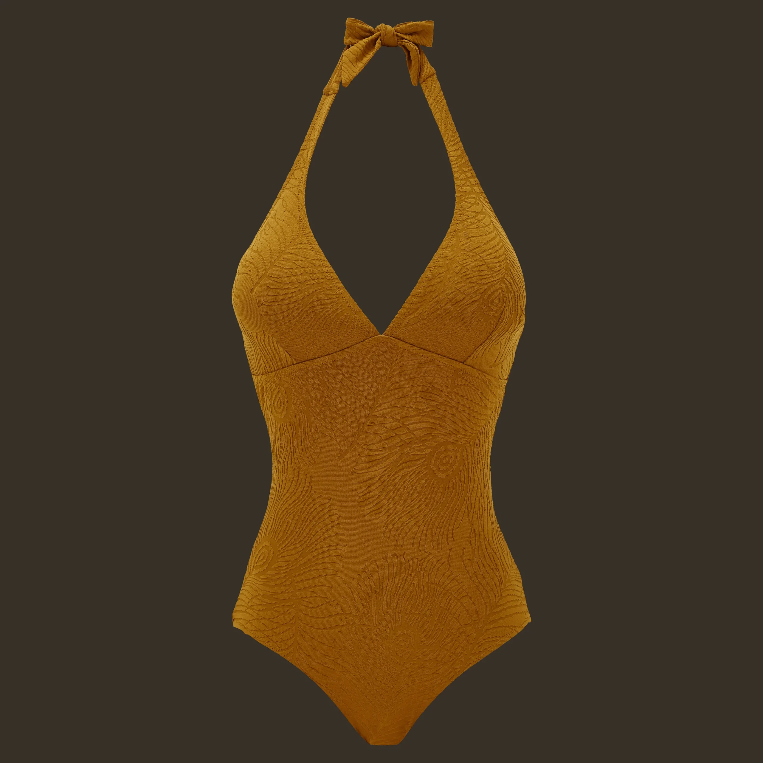 Cheap Vilebrequin Women Halter One-Piece Swimsuit Plumes Jacquard Bark/Beige